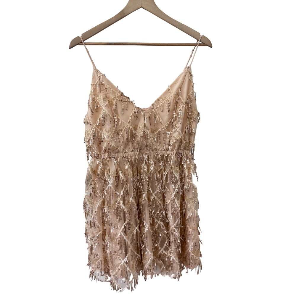 Showpo Sequin Mini Dress 8 Gold Champagne Fringe Tassel Sleeveless V-Neck Party
